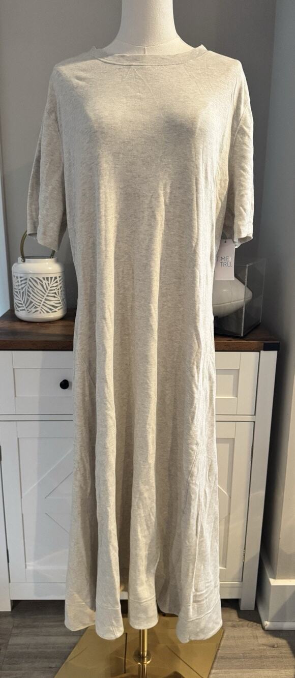 Time and Tru Women’s Midi T-Shirt Dress XL 16-18 Oatmeal Heather Cotton NWT